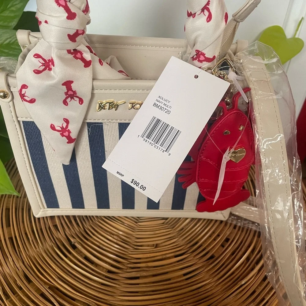 Betsy Johnson Cream & Navy Striped Women’s Tote with Lobster Charm and Scarf - Picture 1 of 3